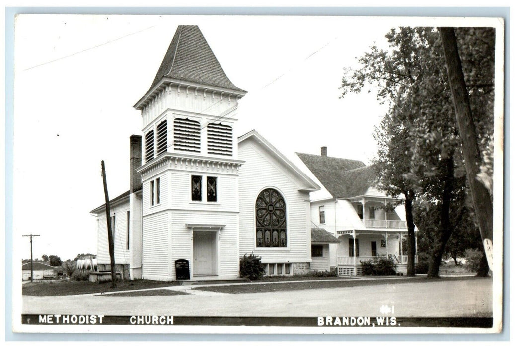 1952 Methodist Church Scene Street Brandon Wisconsin WI RPPC Photo Postcard