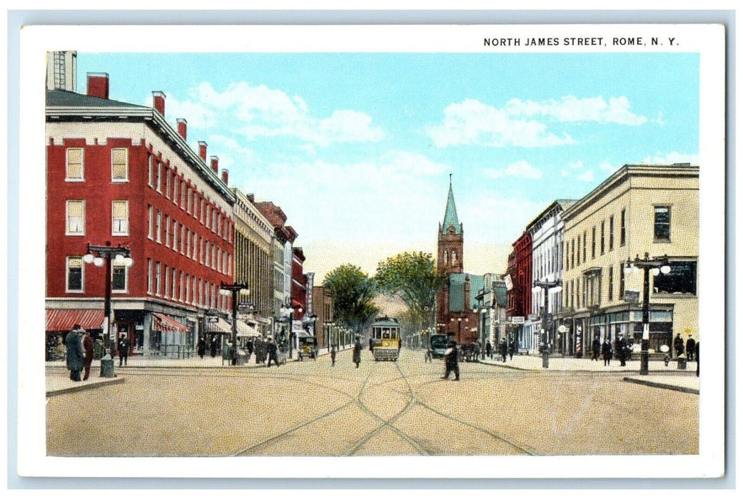 c1920 Busy Day North James Street Road Building Streetcar Rome New York Postcard