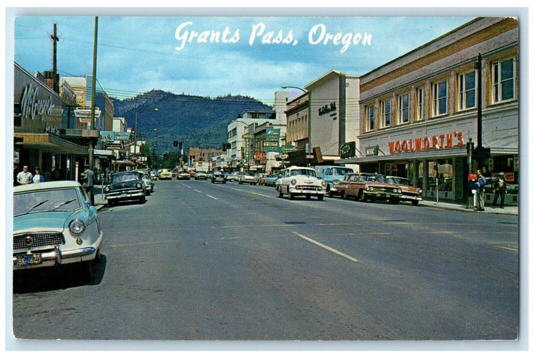 c1960 Buildings Classic Cars Street Scene Grants Pass Oregon OR Vintage Postcard