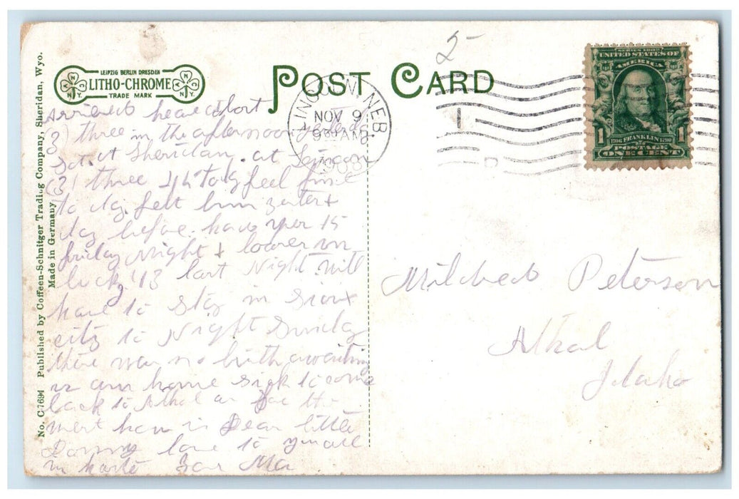 1908 Birds Eye View Buildings Mountains Sheridan Wyoming Posted Vintage Postcard