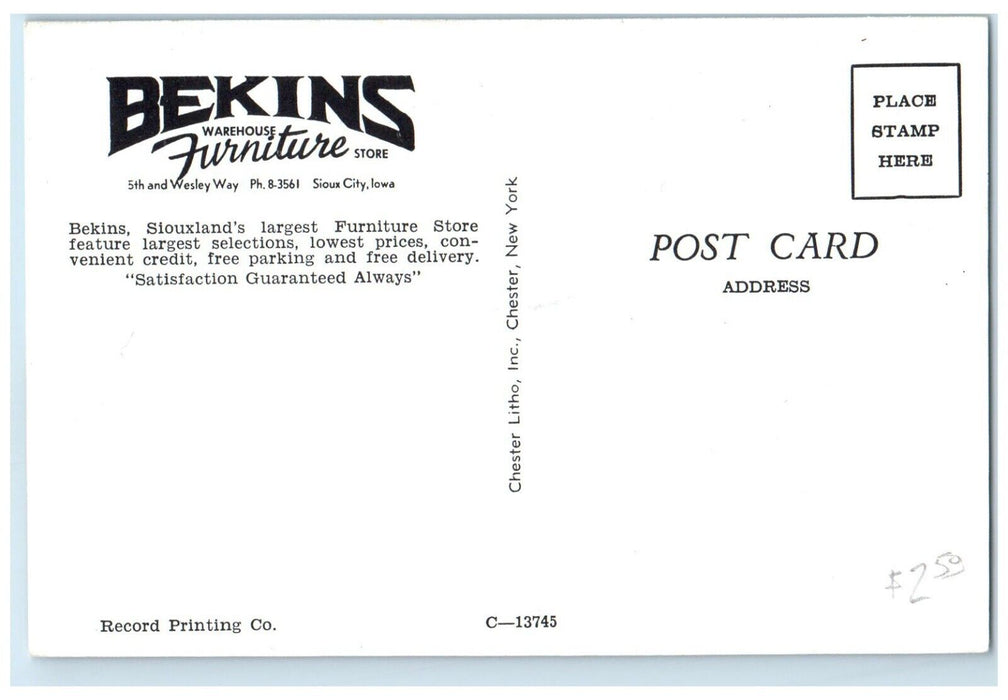 c1960 Bekins Warehouse Furniture Store Siouxland Store Sioux City Iowa Postcard