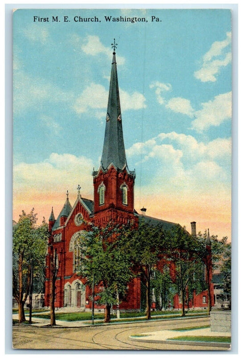 c1910 Exterior View First M. E. Church Building Washington Pennsylvania Postcard