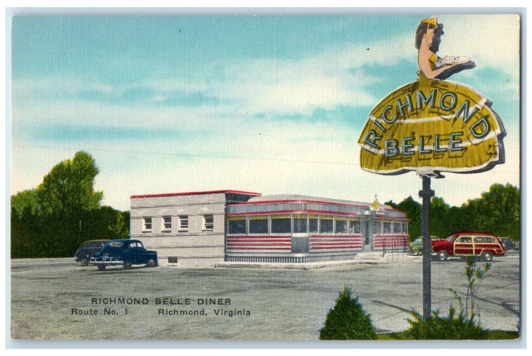 c1940 Exterior Richmond Belle Diner Blue Car Richmond Virginia Unposted Postcard