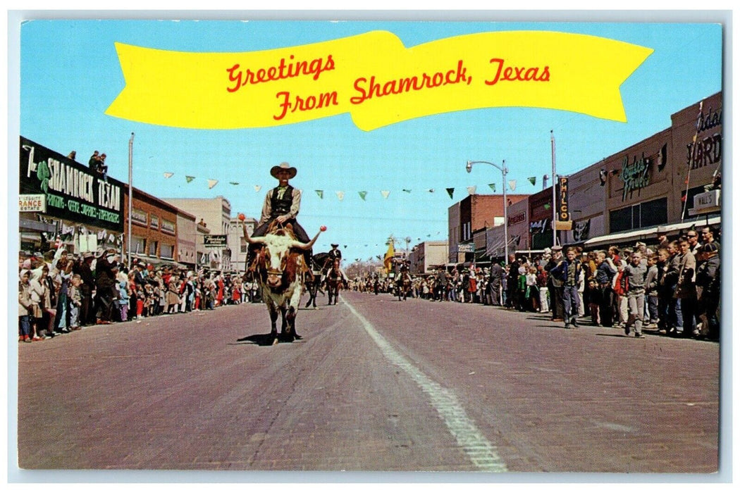 c1960 St Patrick Day Parade Greetings Shamrock Texas TX Antique Vintage Postcard