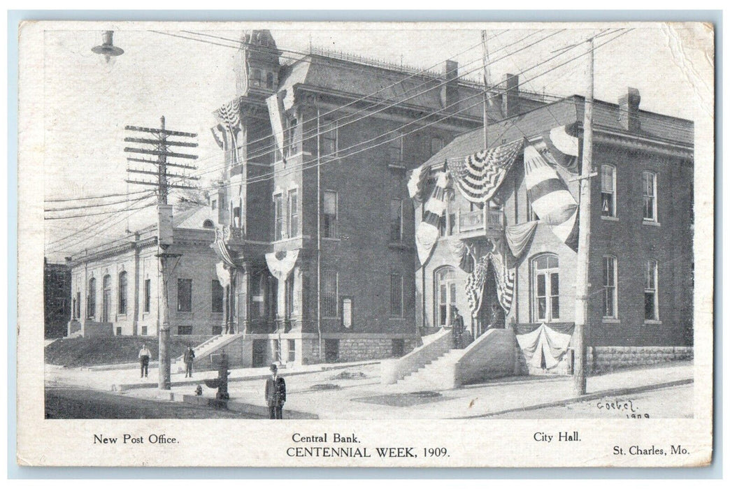 1910 New Post Office Central Bank City Hall St. Charles Missouri MO  Postcard