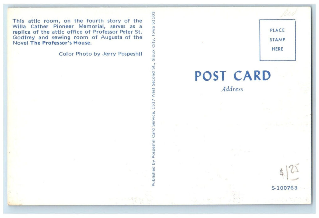 c1960 Attic Room Fourth Story Willa Cather Pioneer Memorial Professors Postcard