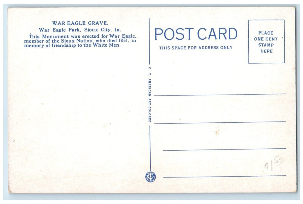 c1920 War Eagle Grave Eagle Park Monument Fence Sioux City Iowa Vintage Postcard