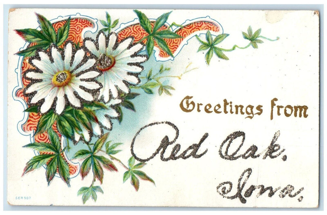 c1910 Greetings From Red Oak Iowa Glitter Flower Embossed Vintage IA Postcard