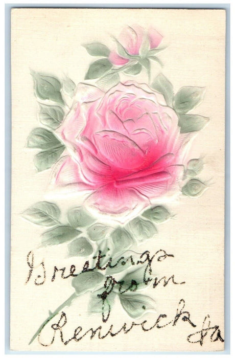 c1910 Greetings From Renwick Iowa Flower Airbrush Embossed Vintage IA Postcard