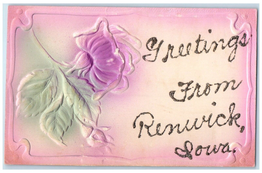 c1910 Greetings From Renwick Iowa Airbrush Flower Embossed Vintage IA Postcard