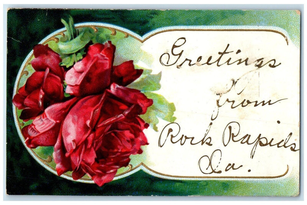 1909 Greetings From Flower Roses Rock Rapids Iowa Embossed Vintage IA Postcard