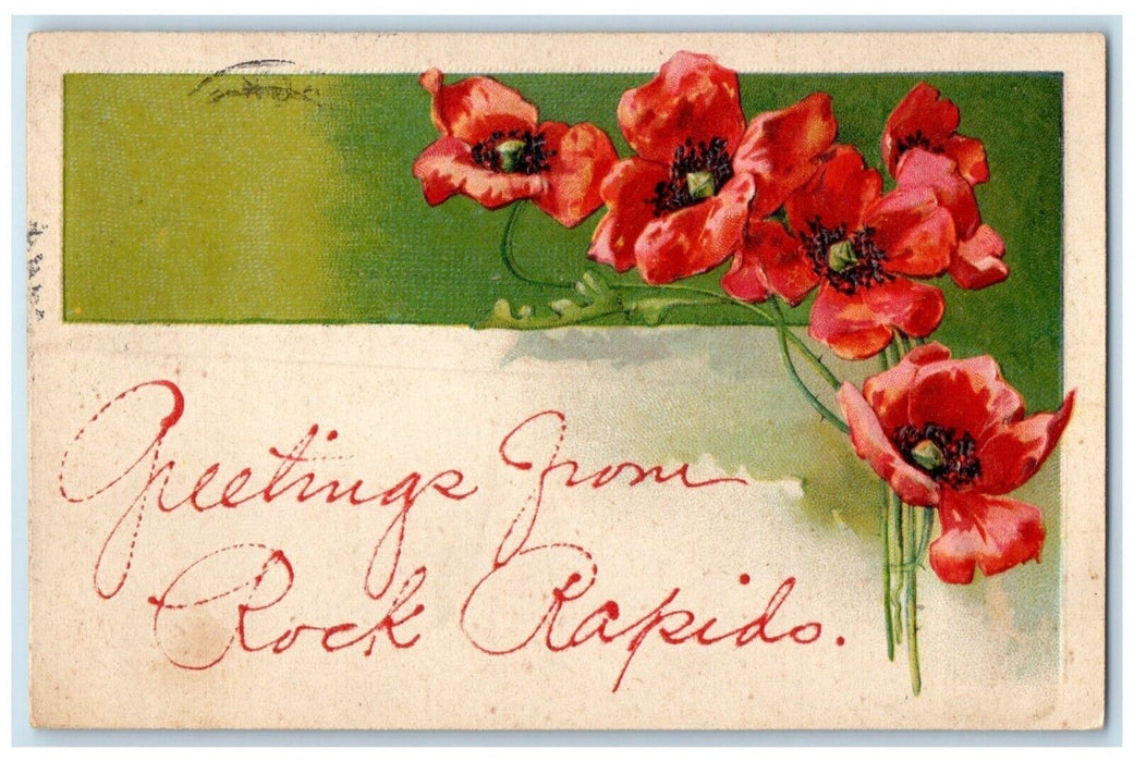 1907 Greetings From Rock Rapids Iowa Flower Embossed Vintage Antique IA Postcard