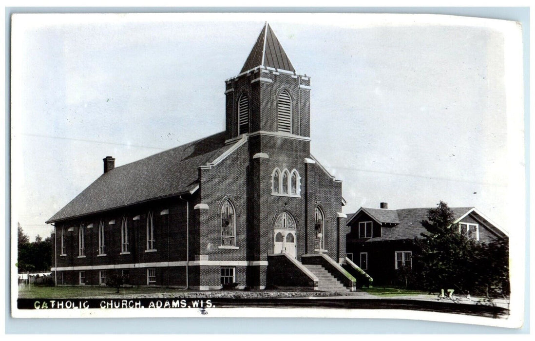 c1940's Catholic Church Scene Street Adams Wisconsin WI RPPC Photo Postcard