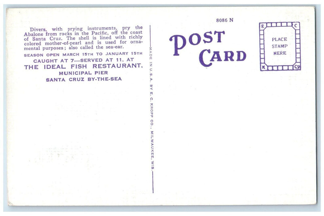1940 Abalone Shell Ideal Fish Restaurant Santa Cruz California Unposted Postcard