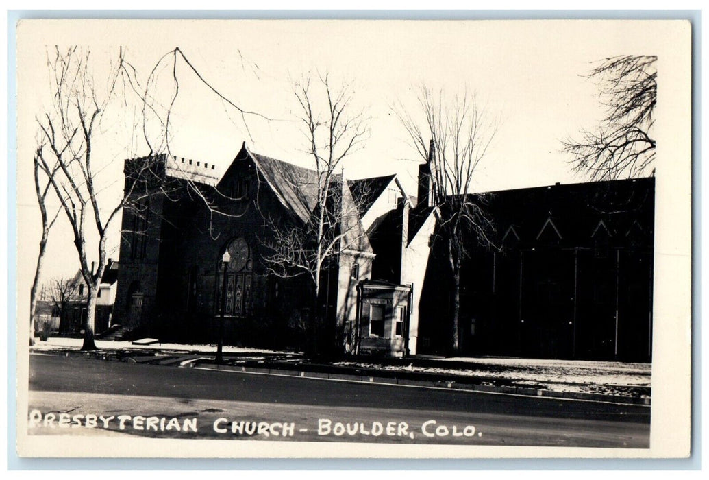 c1940's Presbyterian Church Street Scene Boulder Colorado CO RPPC Photo Postcard