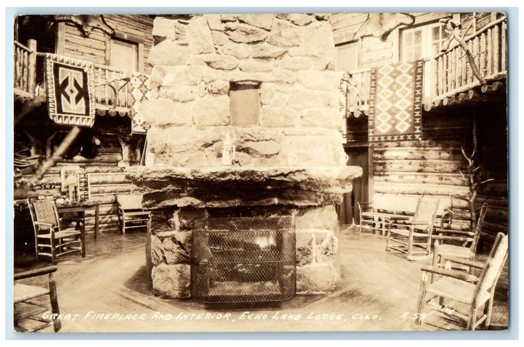 c1940's Great Fireplace Interior Echo Lake Lodge CO Sanford RPPC Photo Postcard