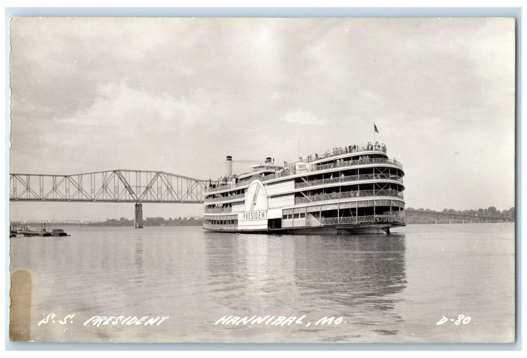 c1940's SS Steamer Ship President Hannibal Missouri MO RPPC Photo Postcard