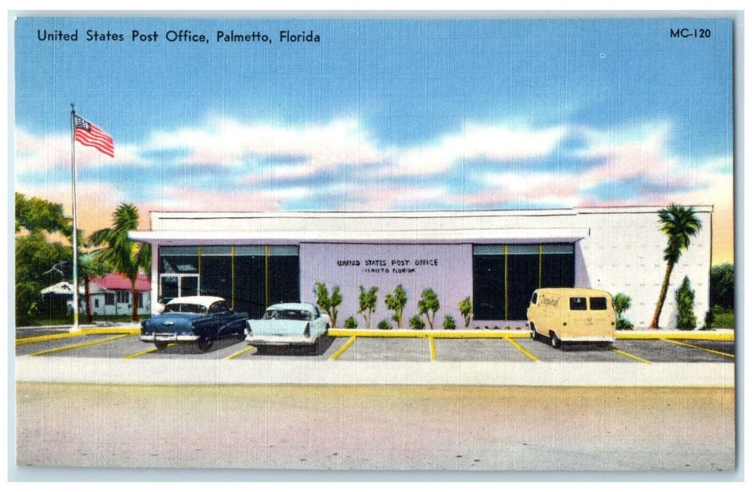 c1930's United States Post Office Flag Cars Front Palmetto Florida FL Postcard