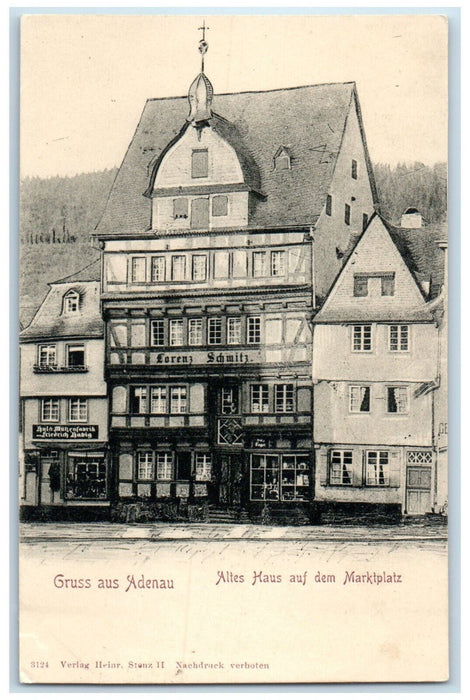 c1905 Greetings from Adenau Old House On The Market Square Germany Postcard