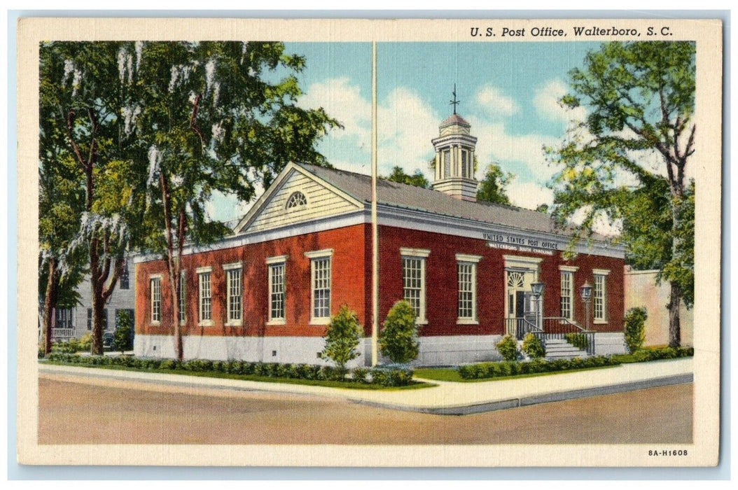 c1930's US Post Office Scene Street Walterboro South Carolina SC Postcard