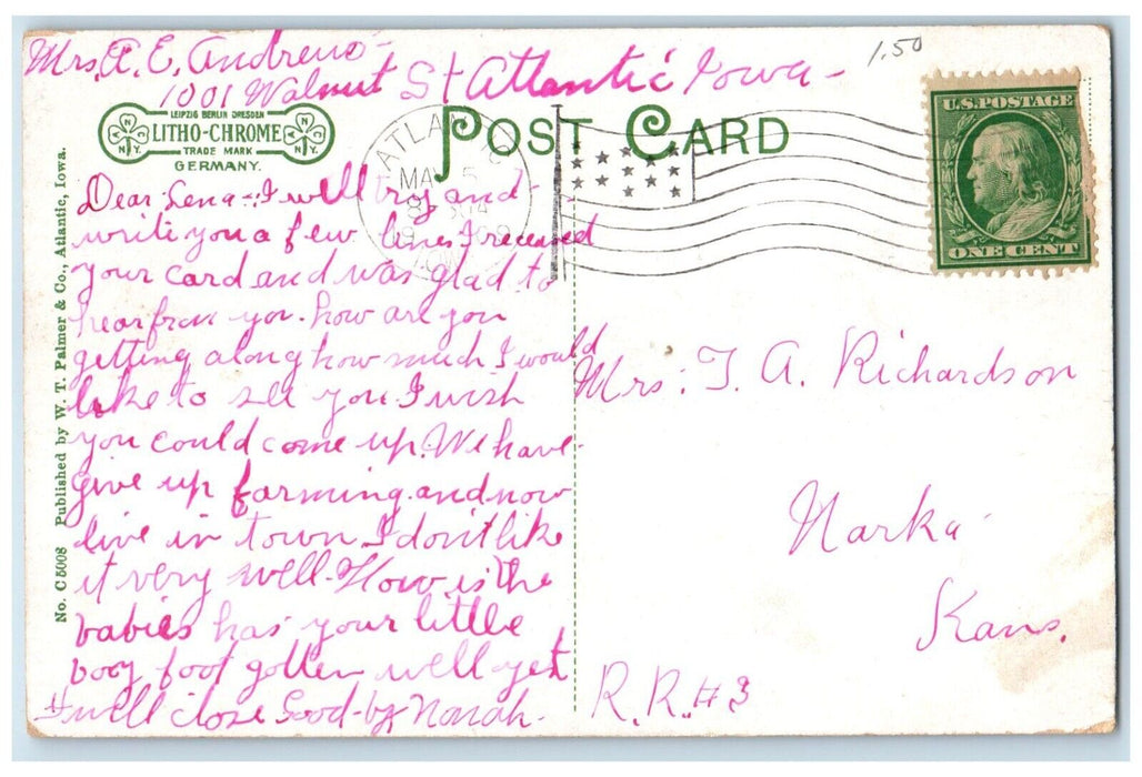 1909 Post Office Building Flag Street View Atlantic Iowa IA Antique Postcard