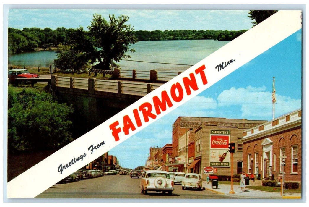 c1950's Greetings From Fairmont Minnesota MN Coca Cola Banner Dual View Postcard