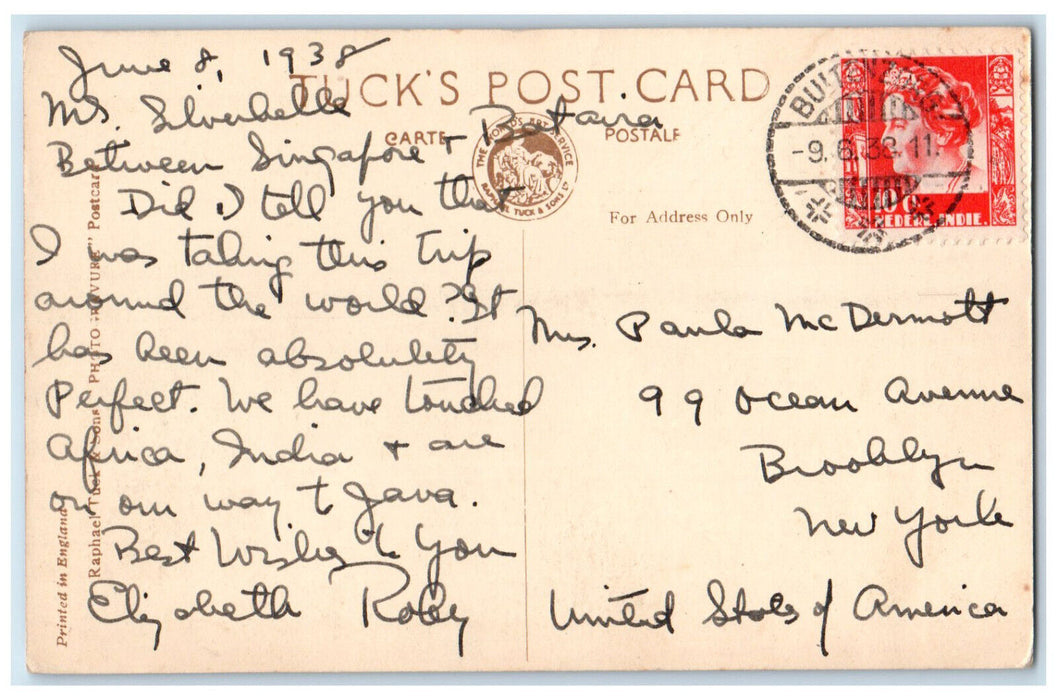 1938 Marble Palace Calcutta (Kolkata) India Tuck Art Posted Vintage Postcard