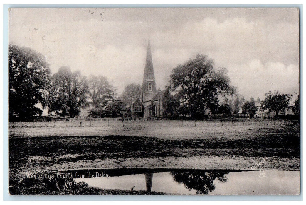 1906 Church from the Fields Weybridge England Silverette Tuck Art Postcard