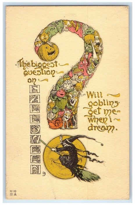 c1910's Halloween Question Mark Goblins Witch Anthropomorphic Moon Nash Postcard