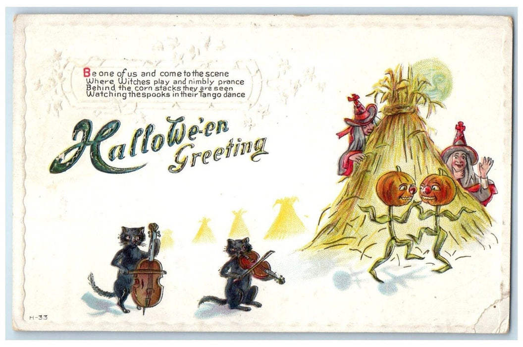 1918 Halloween Greeting Violin Cello Black Cats Witch Jol Cincinnati OH Postcard