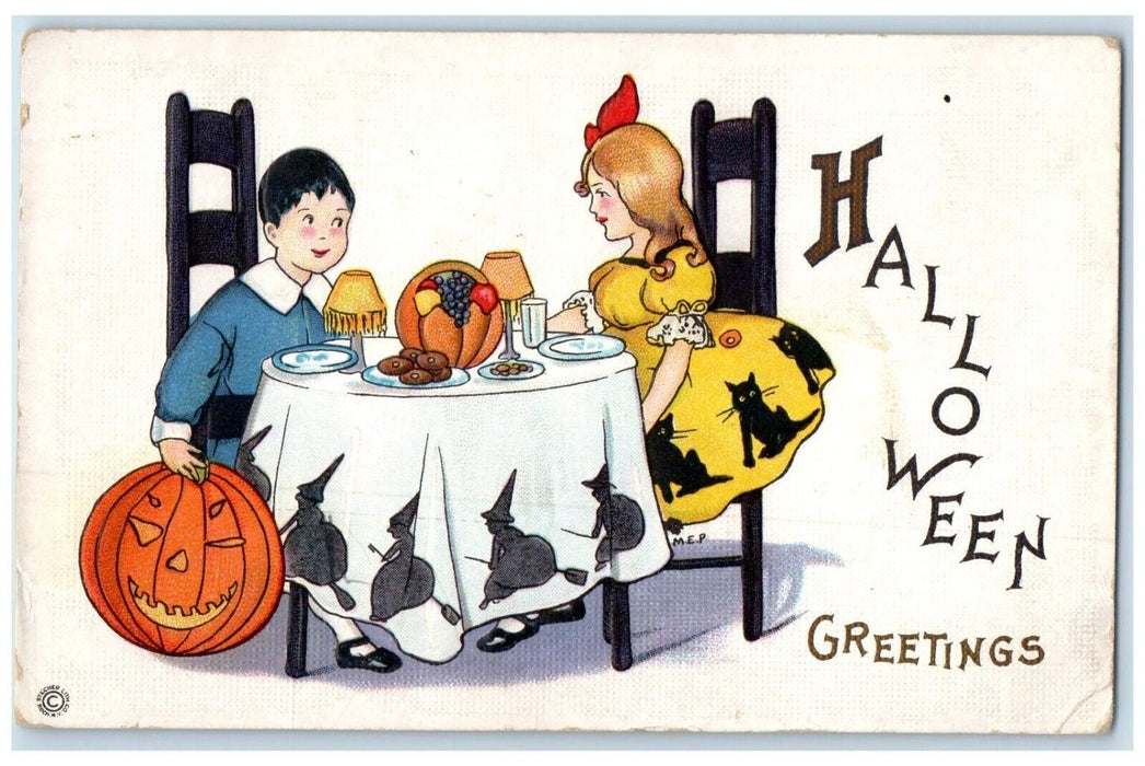 1920 Halloween Greetings Couple Dinner Portsmouth New Hampshire NH Postcard