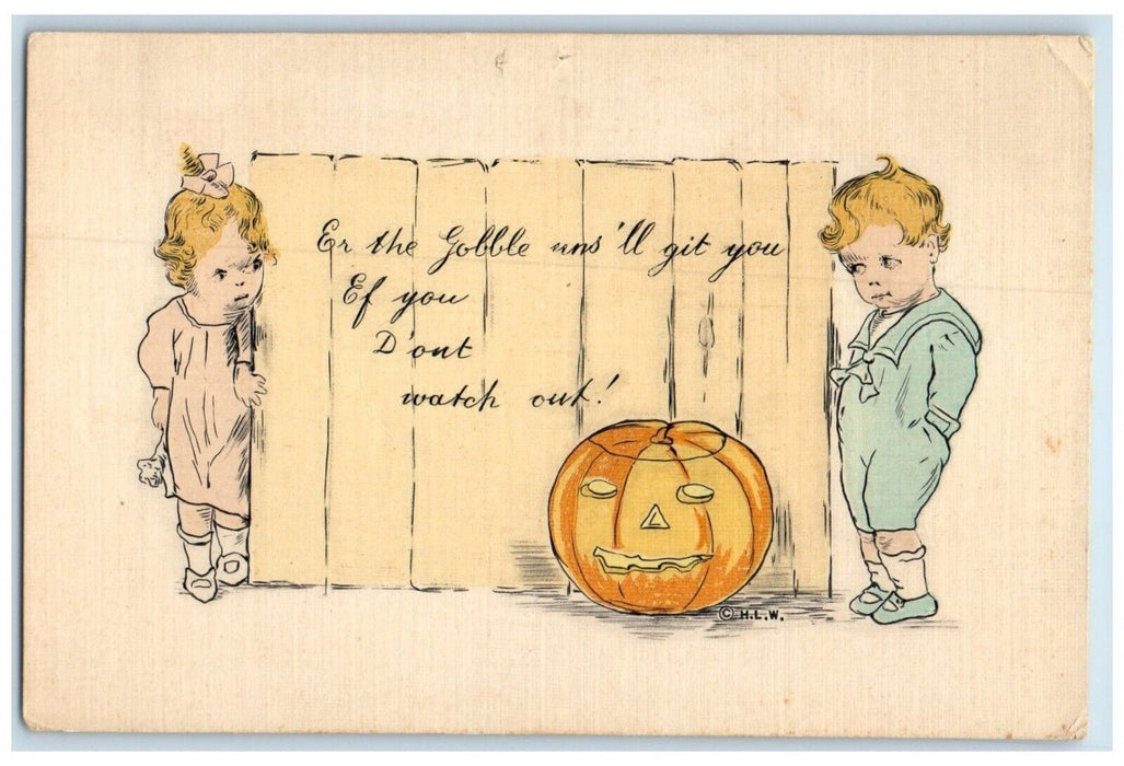 c1910's Halloween Children Jack O Lantern Pumpkin Woehler Antique Postcard