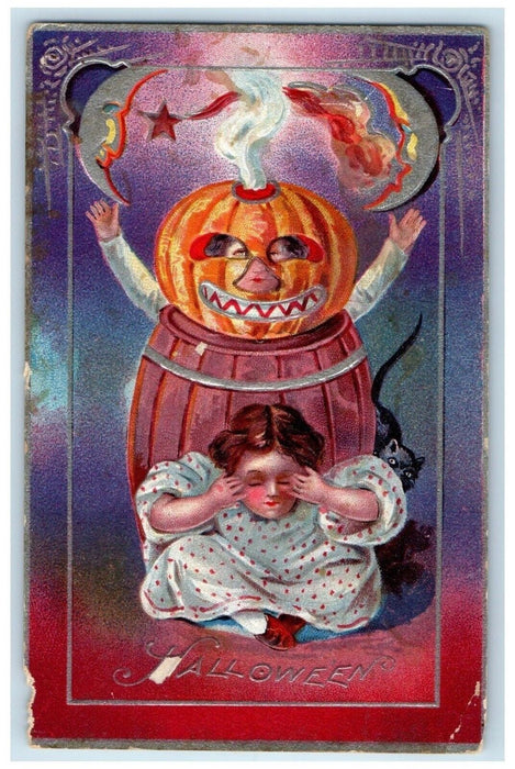 1912 Halloween Children Pumpkin Crescent Moon Nash Montgomery Iowa IA Postcard