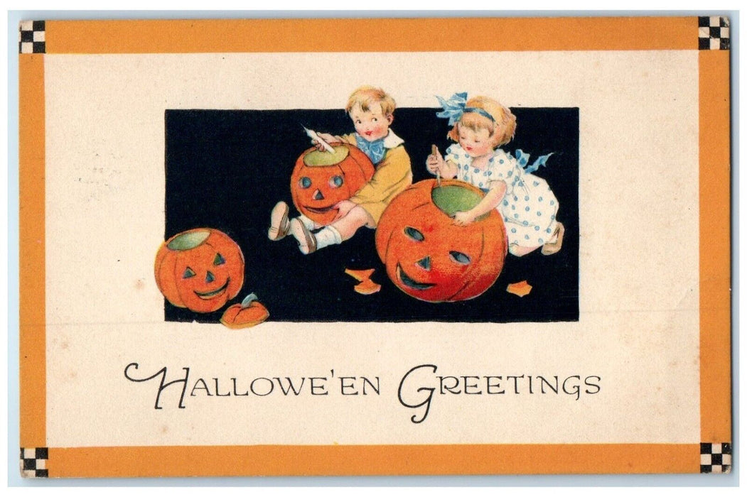 1924 Halloween Greetings Children Pumpkin Gibson South Haven MN Vintage Postcard