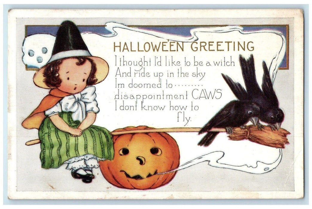 Halloween Greetings Little Girl Witch Pumpkin Smoke Whitney Made Posted Postcard