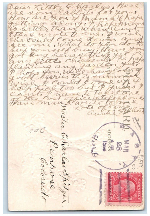1918 Easter Rabbit Big Egg Pansies Flowers Embossed Hasty CO Antique Postcard