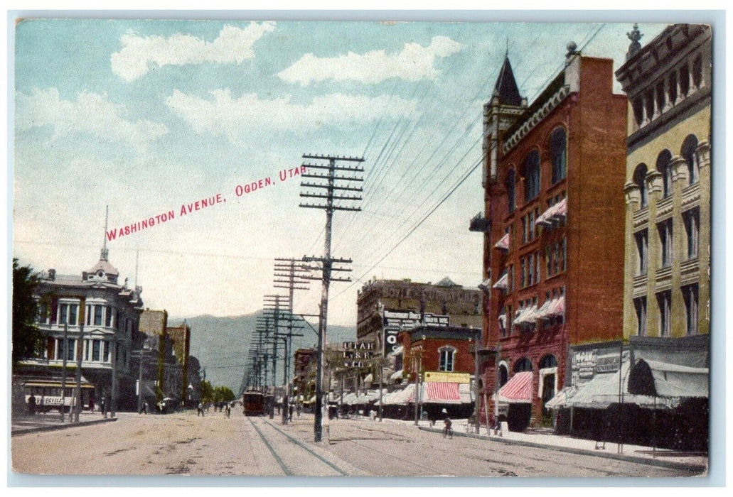 c1910 Washington Avenue Road Buildings Streetcars Ogden Utah UT Vintage Postcard