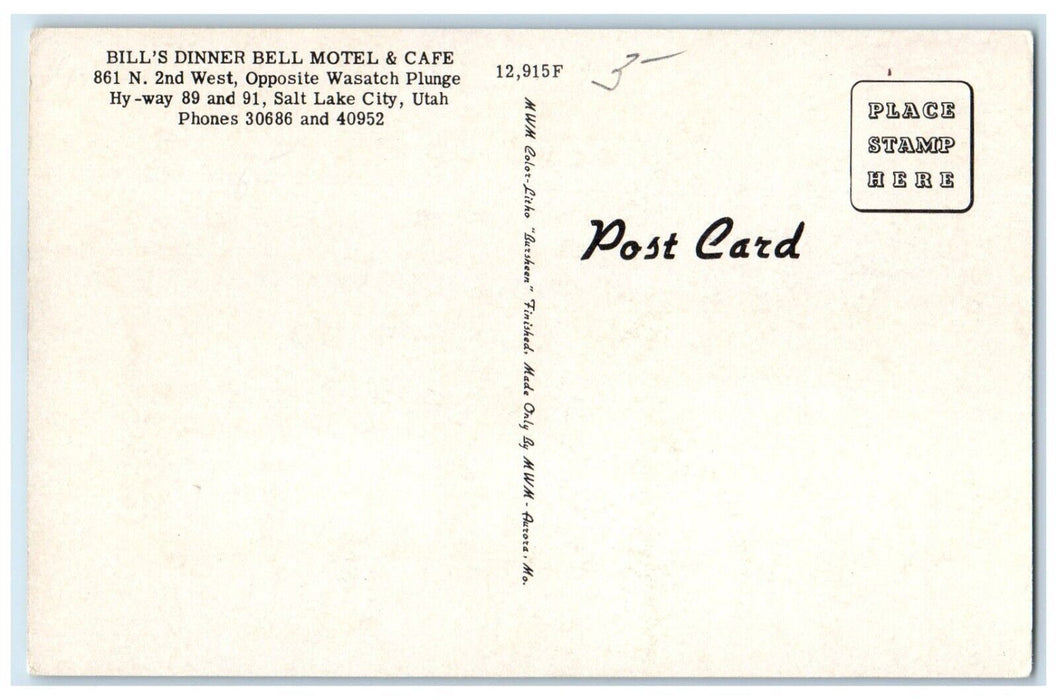 1940 Multi-View Bill Dinner Bell Motel Cafe Salt Lake City Utah Vintage Postcard