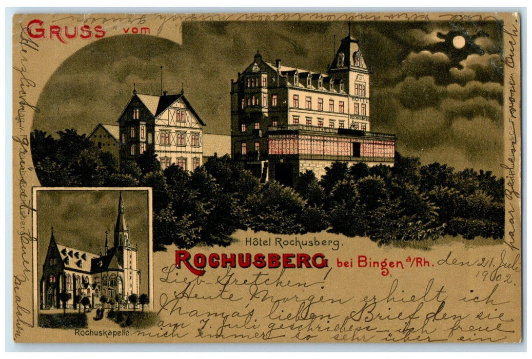 1902 Greetings from Rochusberg Germany Moonlight Multiview Antique Postcard