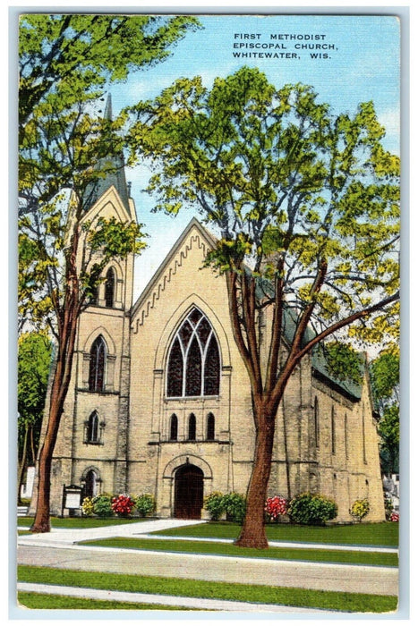 c1940 Exterior First Methodist Episcopal Church Whitewater Wisconsin WI Postcard