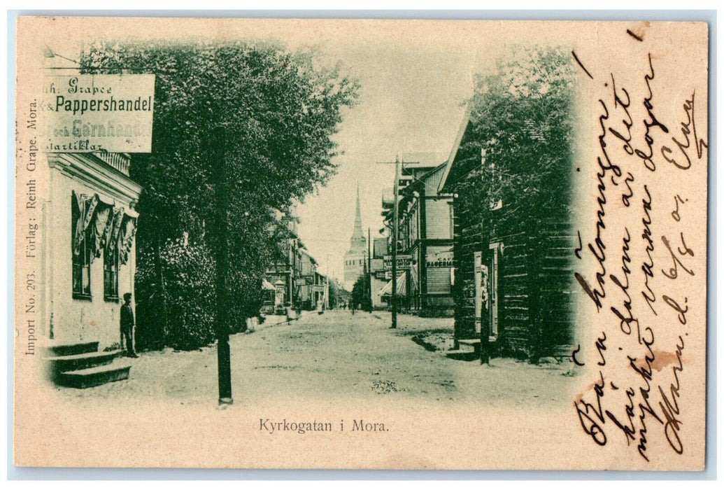 1905 Pappershandel Road Scene kyrkogatan Mora Sweden Posted Antique Postcard