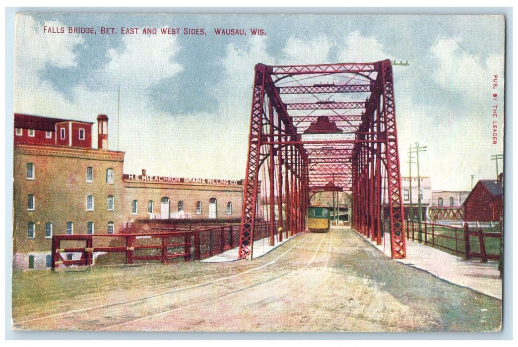 c1910 Falls Bridge Bet East West Sides Streetcar Wausau Wisconsin WI Postcard