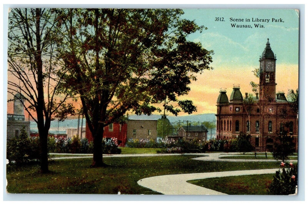 1914 Scene Library Park Trees Church Wausau Wisconsin WI Antique Posted Postcard