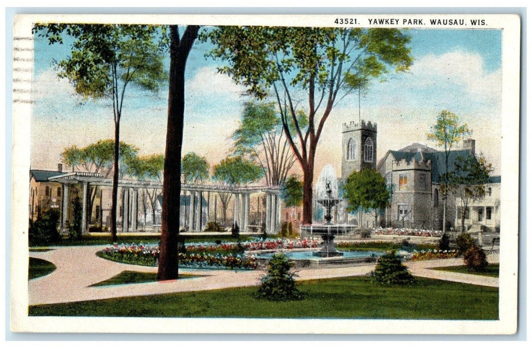 1923 Scenic View Yawkey Park Fountain Trees Wausau Wisconsin WI Vintage Postcard