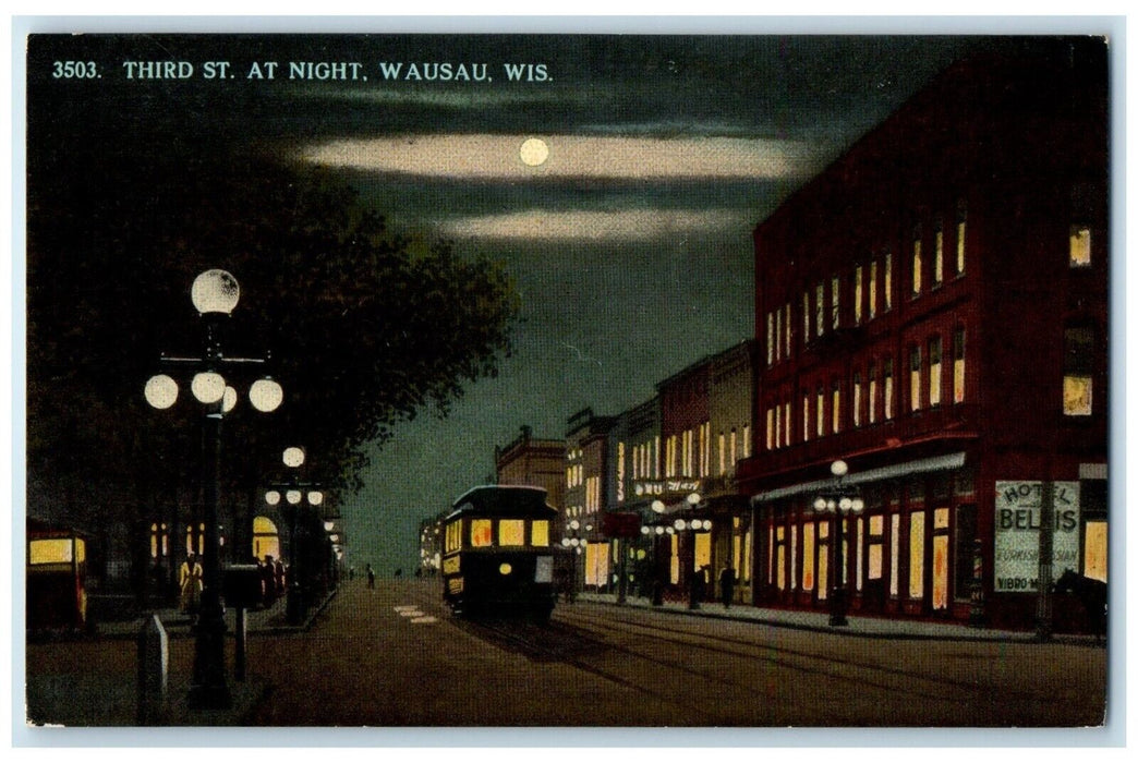 c1910 Third Street Night Moonlight Streetcar Wausau Wisconsin Unposted Postcard