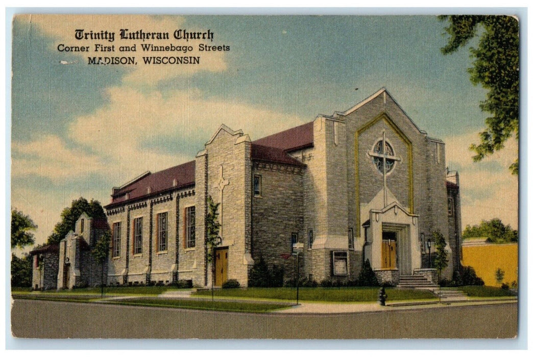 1962 Trinity Lutheran Church Corner First Winnebago Streets Madison WI Postcard