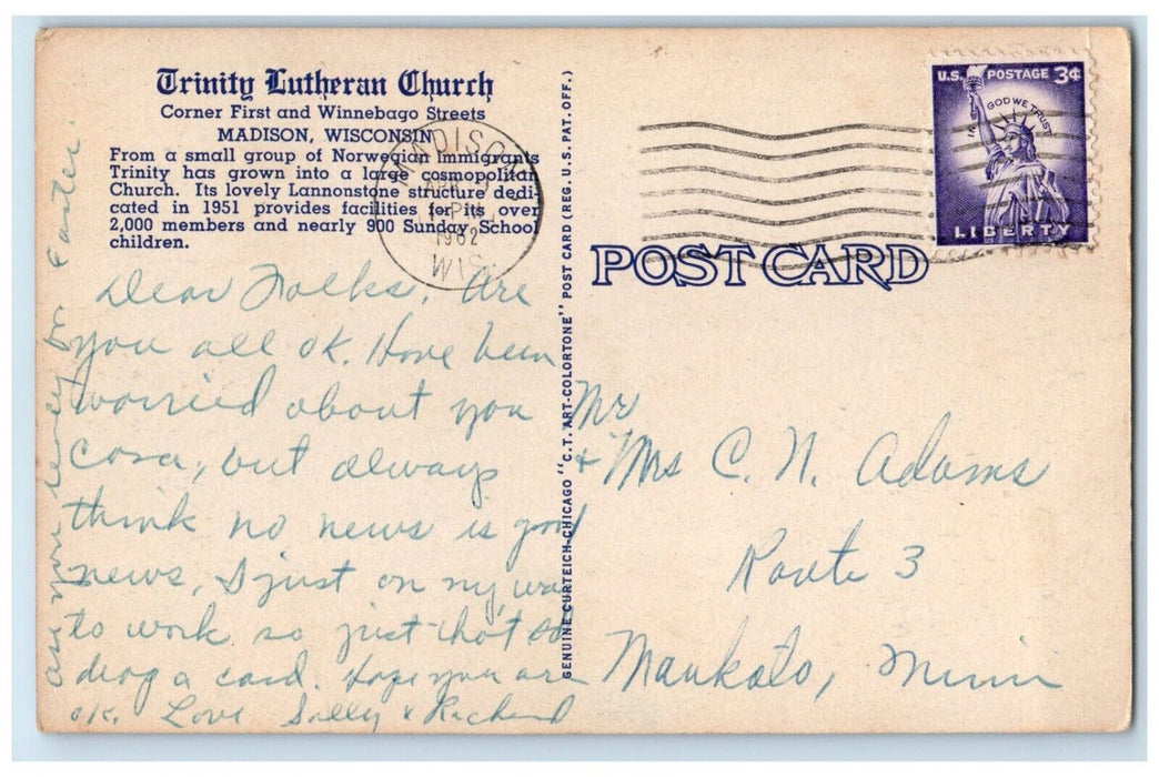 1962 Trinity Lutheran Church Corner First Winnebago Streets Madison WI Postcard