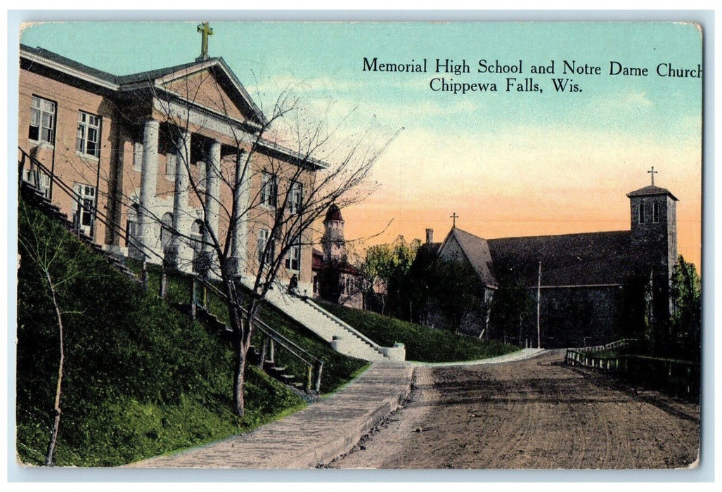 c1910 Memorial High School Notre Dame Church Chippewa Falls Wisconsin Postcard