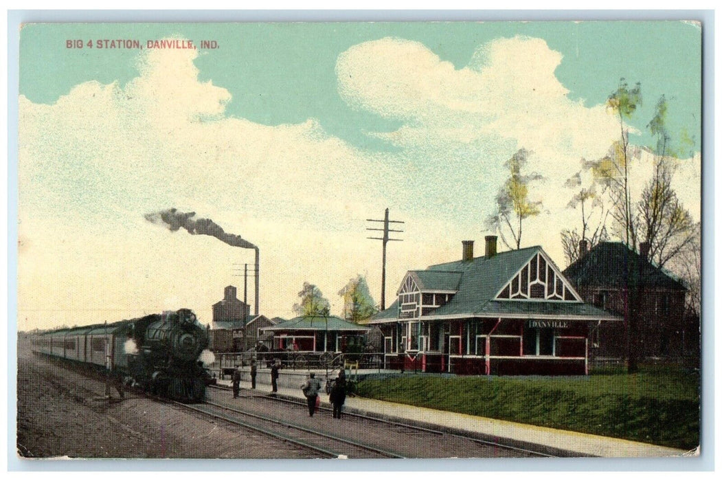 1915 Big 4 Station Depot Railroad Train Danville Indiana IN Antique Postcard