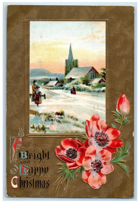 1909 Christmas Seal Tide House Church Winter Snow Flowers Embossed Postcard